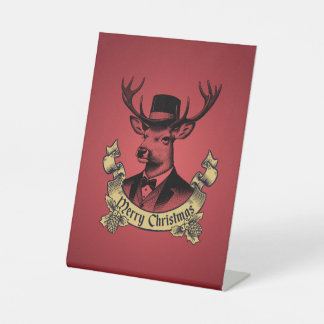 Vintage Dapper Reindeer Merry Christmas Pedestal Sign