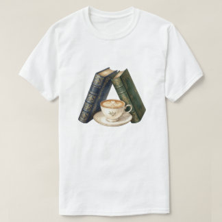 Vintage Dark Academia Books with Cozy Latte Coffee T-Shirt