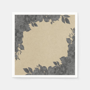 Vintage Dark Black Floral Roses & Kraft Wedding Napkin
