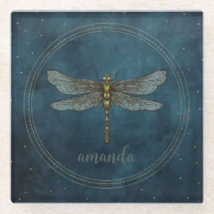 Vintage Dark Blue Celestial Mystical Dragonfly Glass Coaster