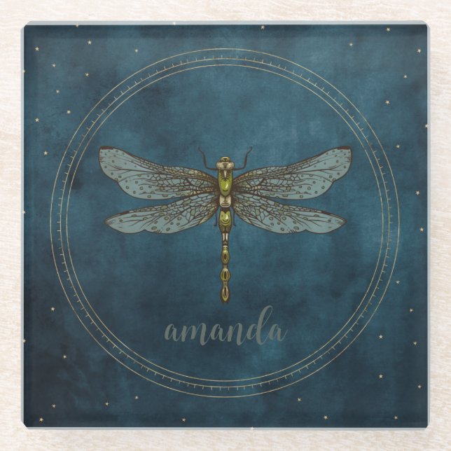 Vintage Dark Blue Celestial Mystical Dragonfly  Glass Coaster (Front)