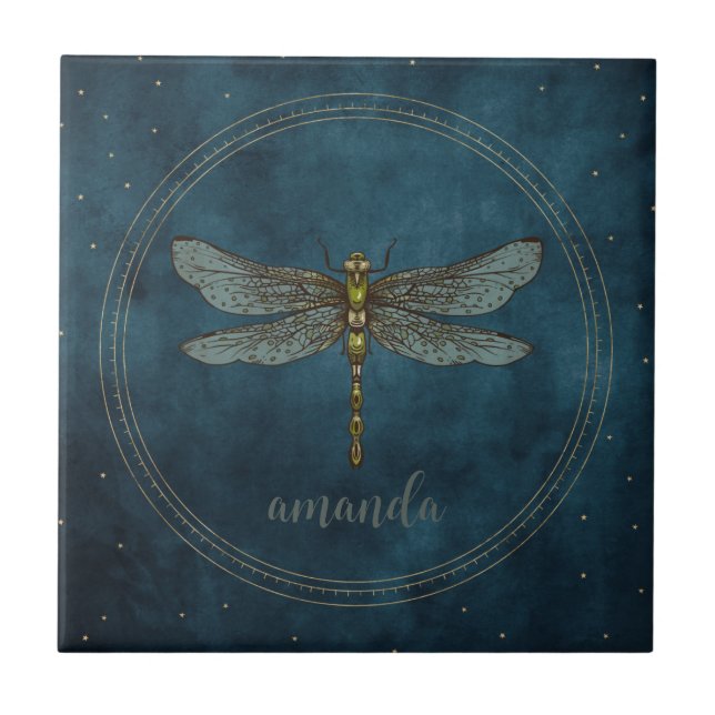 Vintage Dark Blue Celestial Mystical Dragonfly  Tile (Front)