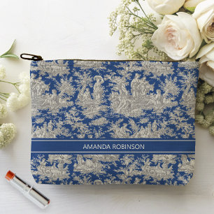 Vintage dark blue toile de jouy printed accessory pouch