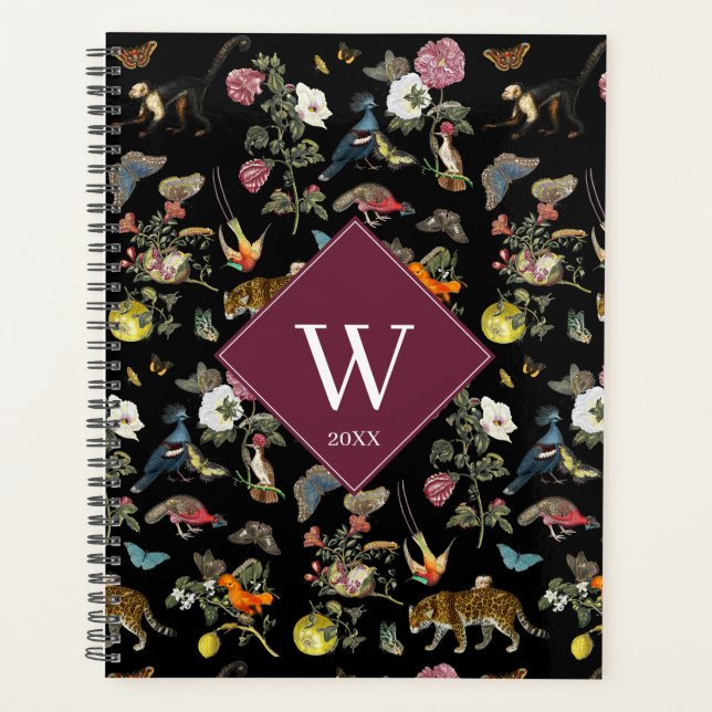 Vintage Dark Botanical Animals Forest Monogram Planner (Front)