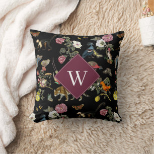 Vintage Dark Botanical Animals Forest Monogram Throw Pillow