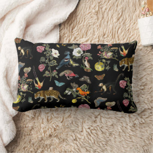 Vintage Dark Botanical Wild Animals in Forest Lumbar Pillow