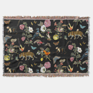 Vintage Dark Botanical Wild Animals in Forest Throw Blanket