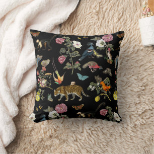 Vintage Dark Botanical Wild Animals in Forest Throw Pillow