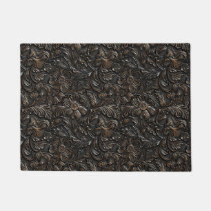 Vintage dark brown tooled leather  doormat