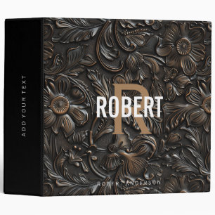 Vintage dark brown tooled leather monogram name binder