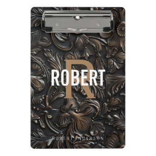Vintage dark brown tooled leather monogram name mini clipboard