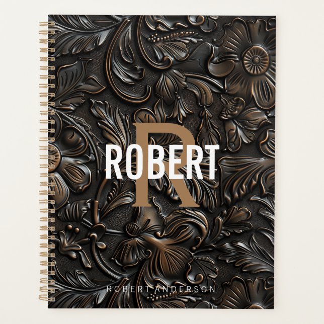 Vintage dark brown tooled leather monogram name planner (Front)