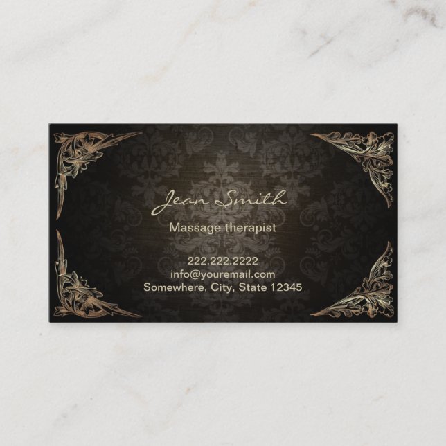 Vintage Dark Damask Massage Therapist Business Card (Front)