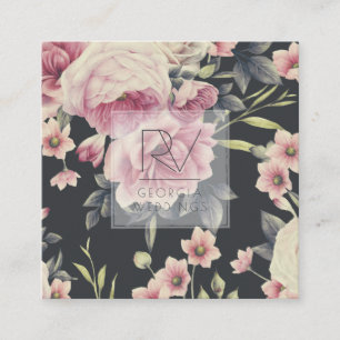 Vintage Dark Floral on Black   Monogram Square Business Card