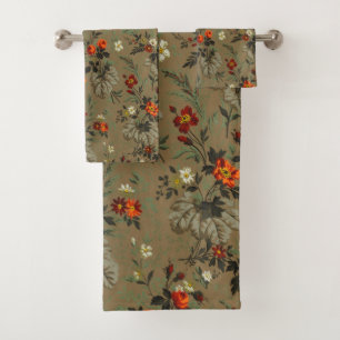 Vintage Dark Floral Orange Rose Botanical Pattern Bath Towel Set