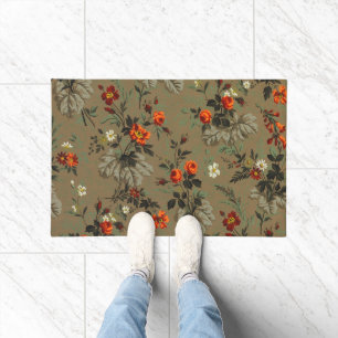 Vintage Dark Floral Orange Rose Botanical Pattern Doormat