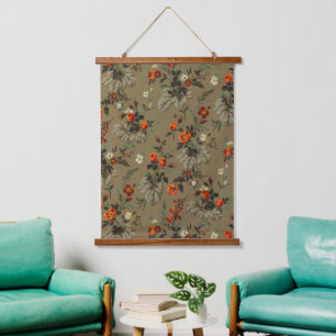 Vintage Dark Floral Orange Rose Botanical Pattern Hanging Tapestry