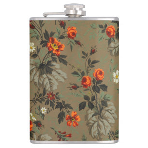 Vintage Dark Floral Orange Rose Botanical Pattern Hip Flask