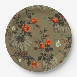 Vintage Dark Floral Orange Rose Botanical Pattern Paper Plate