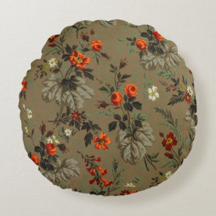Vintage Dark Floral Orange Rose Botanical Pattern Round Pillow