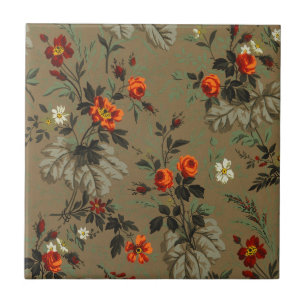 Vintage Dark Floral Orange Rose Botanical Pattern Tile