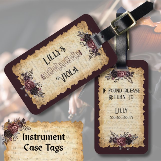 Vintage Dark Floral Viola Instrument Case Tag (Personalized Instrument Case Tag for the Viola Player)