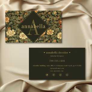 Vintage Dark Floral William Morris Monogram Business Card