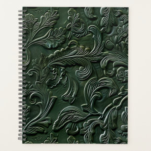 Vintage dark green tooled leather  planner