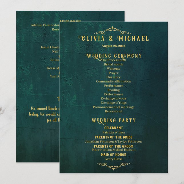 Vintage Dark Green Wedding Program (Front/Back)