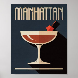Vintage Dark Navy Manhattan Drink Illustration Poster