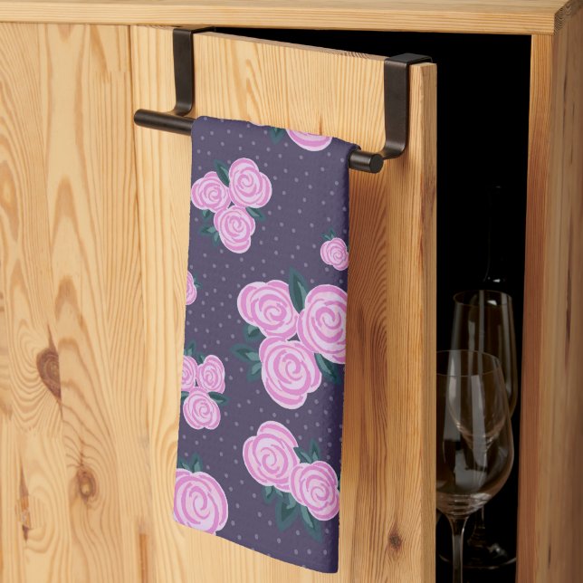 Vintage dark purple florals kitchen towel (Thirds Fold)