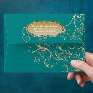 Vintage Dark Teal Gold Swirl Wedding Envelopes
