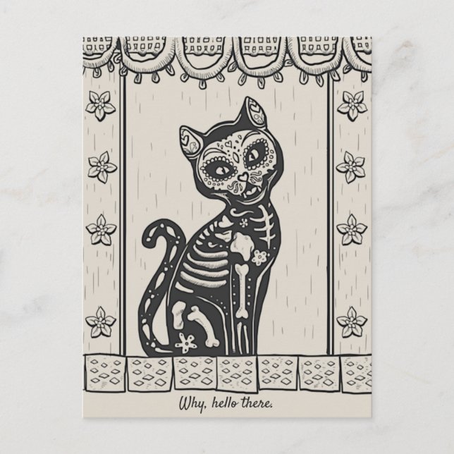 Vintage Day of the Dead Cat Skeleton Postcard (Front)