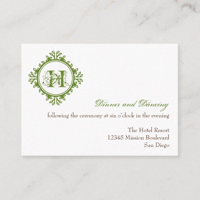 Vintage decay green wedding reception enclosure card (Front)