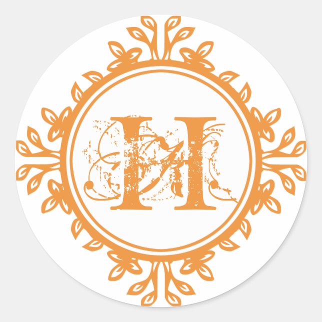 Vintage decay orange monogram label wedding favour (Front)
