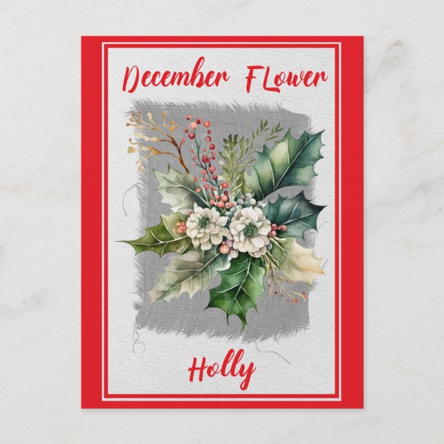 Vintage December Flower Holly Floral Postcard (Front)