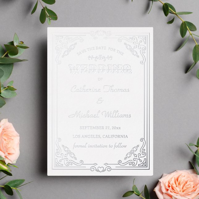 Vintage Deco Art White & Silver Save The Date (Creator Uploaded)