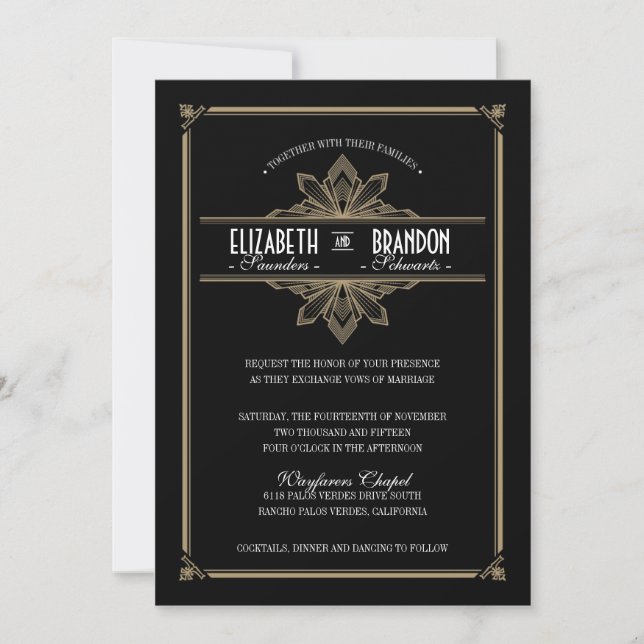 Vintage Deco Black & Gold Wedding Invitation (Front)