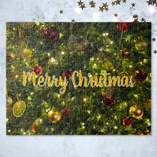 Vintage Decorated Christmas Tree Optional Text Jigsaw Puzzle