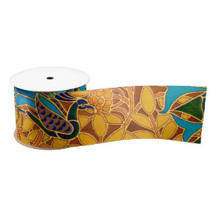 Vintage Decorative Art Nouveau Peacocks and Tree Satin Ribbon