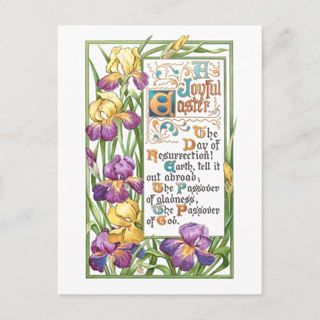 Vintage Decorative Easter Hymn Text with Irises Holiday Postcard (Front)