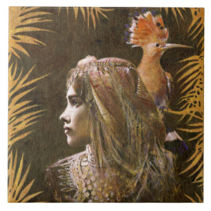 Vintage Decorative Girl and Bird Ceramic Tile