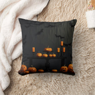 Vintage Decorative Halloween Pumpkin Scary Bats Throw Pillow
