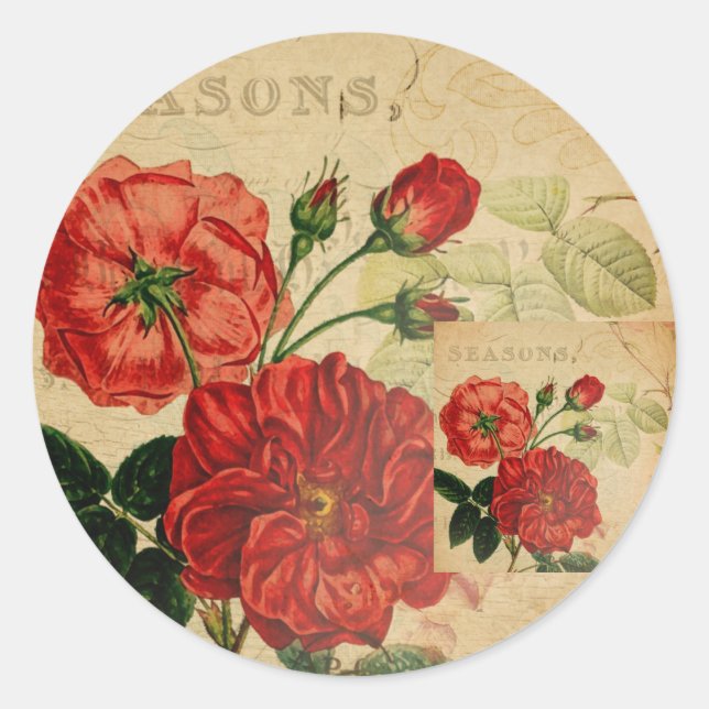Vintage Decoupage Ephemera Roses  Classic Round Sticker (Front)