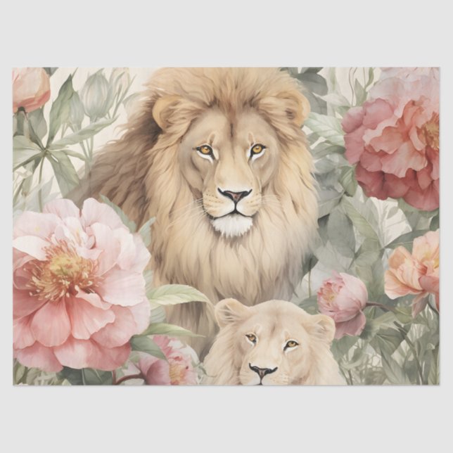 Vintage Decoupage Pastel Floral Lion Tissue Paper (Front)