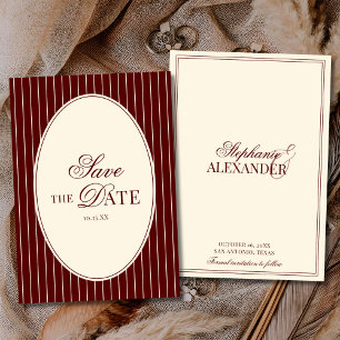 Vintage Deep Burgundy Stripes Old Money Wedding Save The Date
