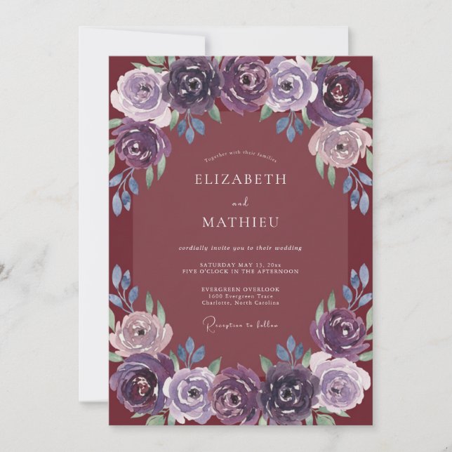 Vintage Deep Plum Peony Wedding Invitation (Front)