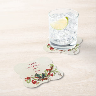 Vintage Deep Red and Blue Birds Floral Quote Paper Coaster