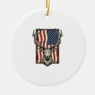 Vintage Deer American Flag Hunting Shirt Design_1 Ceramic Ornament