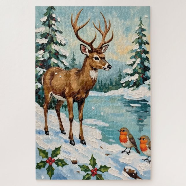 Vintage Deer and Robins Christmas Scene Jigsaw Puzzle (Vertical)